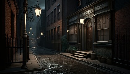 Dark victorian style alley with cobble road, buildings and lamps. Generative AI