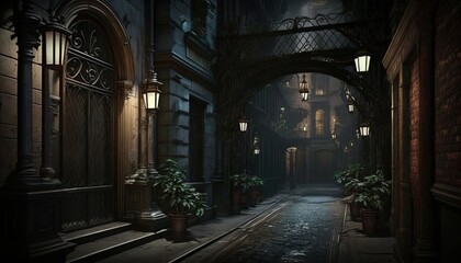 Dark victorian style alley with cobble road, buildings and lamps. Generative AI - obrazy, fototapety, plakaty