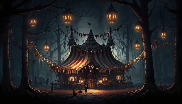 Big circus tent in a dark and creepy forest. Generative AI