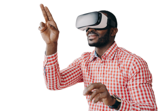 Impressed african ethnicity guy in VR headset glasses enjoying virtual reality online at work