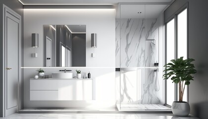 Fototapeta na wymiar Modern minimalistic bathroom interior with cabinet and shower cabin. Generative AI