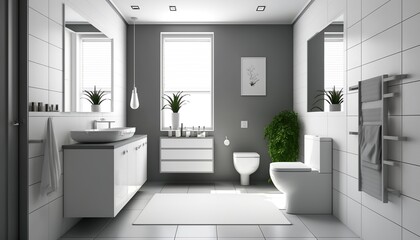 Naklejka na ściany i meble Modern minimalistic bathroom interior with toilet and washbasin. Generative AI