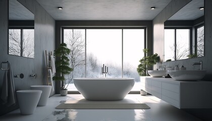 Fototapeta na wymiar Modern minimalistic bathroom interior with bathtub and washbasin. Generative AI