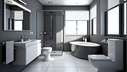 Obraz na płótnie Canvas Modern minimalistic bathroom interior with bathtub and toillet. Generative AI