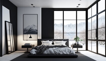 Modern minimalistic bedroom interior with double bed with bedsheet and pillow, night stand and pictures. Generative AI