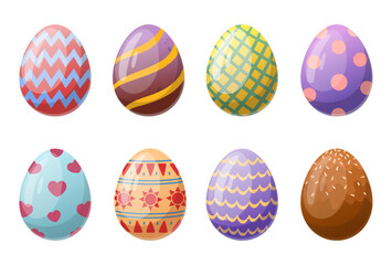 Easter chocolate eggs. Cartoon spring holiday painted eggs, egg hunt traditional game symbols flat vector illustration set