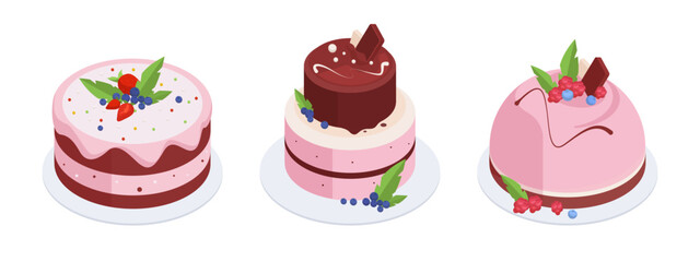 Isometric berry cakes. Tasty vanilla pastry desserts with pink berry frosting, raspberry or strawberry glazed cakes 3d vector illustration