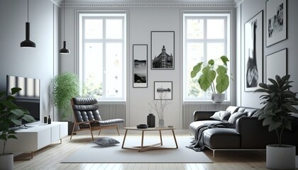 Fototapeta premium Bright modern minimalistic living room interior with pillows on a sofa, a coffee table and potted plants. Generative AI