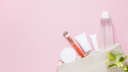 Set of cosmetic products for face care in white color on a pink background. Beauty. Self care....