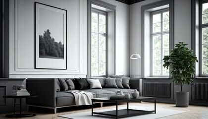 Fototapeta na wymiar Bright modern minimalistic living room interior with pillows on a sofa, a coffee table and potted plants. Generative AI