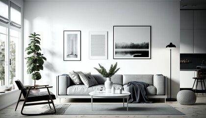 Bright modern minimalistic living room interior with pillows on a sofa, a coffee table and potted plants. Generative AI