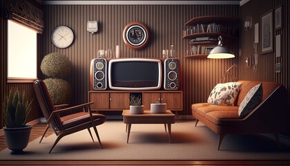 Retro style living room interior with oldschool leather sofa and wooden furnitures. Generative AI