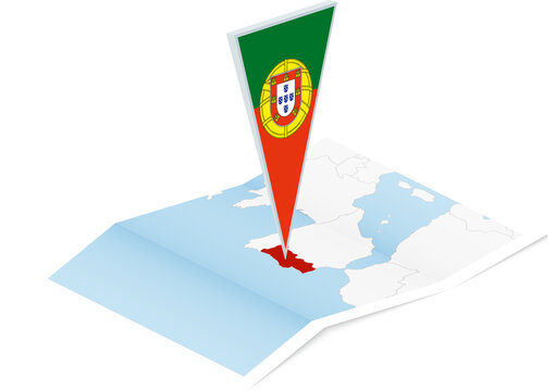 Portugal map with triangular flag in Isometric style.