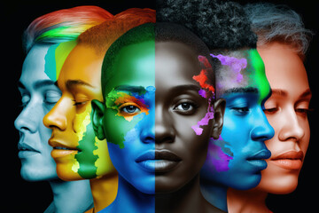 LGBTQ people faces in rainbow colors, gay pride festival, Generative AI