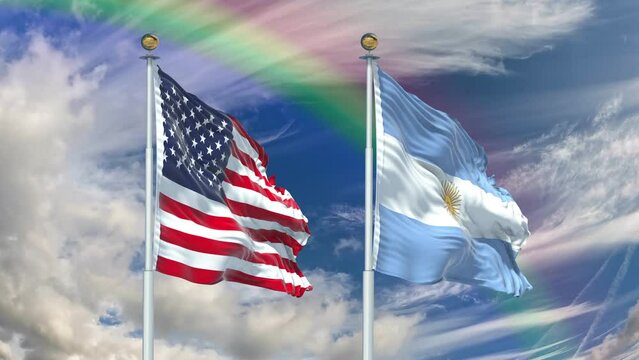 The flags of the United States and Argentina fly in the sky with a rainbow on a 4k, 60fps resolution.