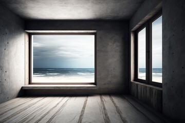 Concrete room with rough floor and window overlooking the ocean; abstract modern interior design concept. Generative AI