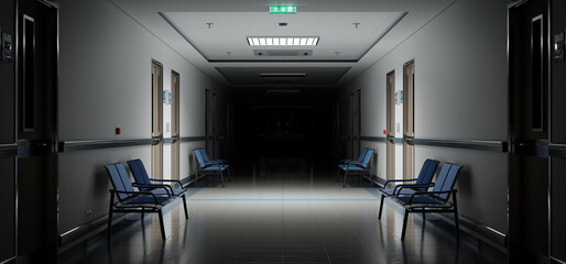 Long dark hospital corridor with rooms and seats 3D rendering. Empty accident and emergency interior with bright lights lighting the hall from the ceiling