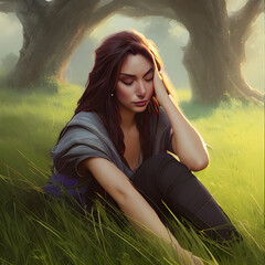 A woman is sitting on the grass