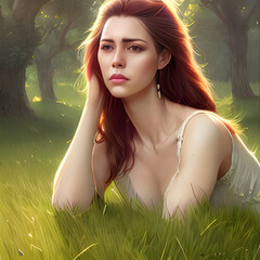 a woman laying in the grass