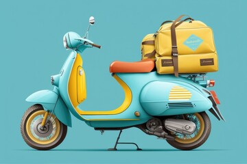 Scooter express delivery service. Yellow motor bike with delivery bag on colorful background