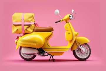 Fototapeta na wymiar Scooter express delivery service. Yellow motor bike with delivery bag on colorful background