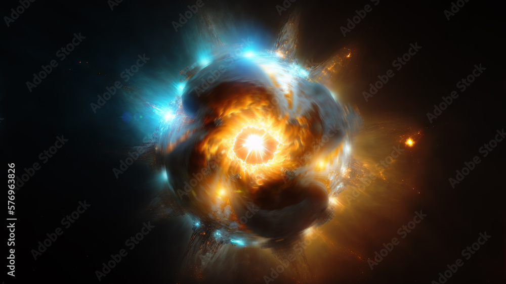 Fototapete View of the birth of a star in space during a nebula explosion. Nuclear fusion of cosmic clouds of gas and dusts. Universe background. Generative ai