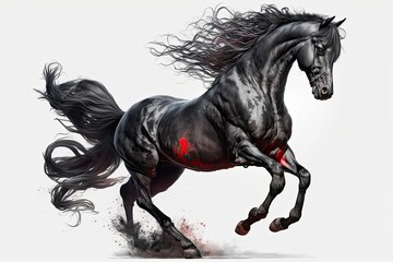 On a white background, a black Andalusian bucking. Generative AI