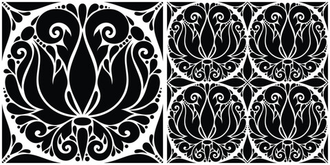 Floral Vintage Seamless Pattern in Paisley Style, with Preview. Decorative Composition with Natural Motifs. Abstract Ornate Art. Complex Ornament. Vector Contour Illustration