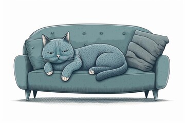Calm as a cucumber, a grey shorthair cat dozes on the couch. Generative AI