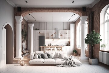 Studio apartment decorated in a trendy modern style with brick, marble, wood, and white walls; apartment features wooden columns in loft style. Generative AI