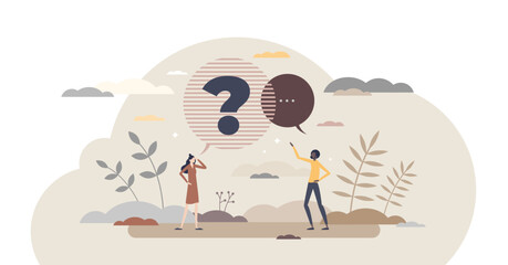 Question and answer with conversation speech dialog bubble tiny person concept, transparent background.Clarify unclear topic with discussion and wise reply illustration.