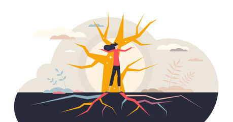 Resilience power with fundamental roots personality tiny person concept, transparent background. Strong and independent female with motivation, determination and stability skill illustration.