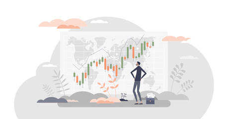 Stock trading as global market company shares investment tiny person concept, transparent background.Financial graphic observation and watching for funds profit illustration.
