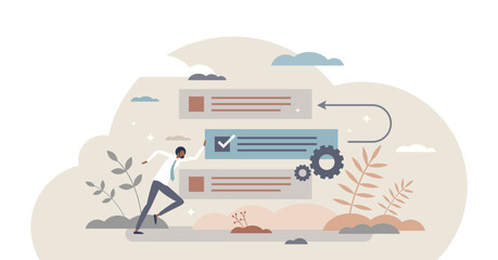 Backlog as agile project management for product software tiny person concept, transparent background. Project workflow strategy and task priority optimization illustration.