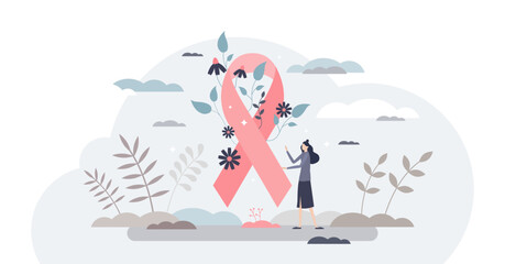 Breast cancer awareness and symbolic disease prevention tiny person concept, transparent background. Pink ribbon with flowers as female hope and support in healthcare problems illustration.