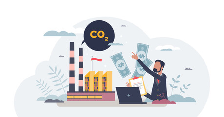 Carbon tax payment as factory CO2 gas emissions charge tiny person concept, transparent background.Polluted air damage pricing for greenhouse gases emitting reduction illustration.