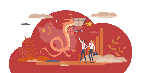China e-commerce with web sales import and online trade tiny person concept, transparent background. Growing asian country economics as symbolic dragon with shopping cart.