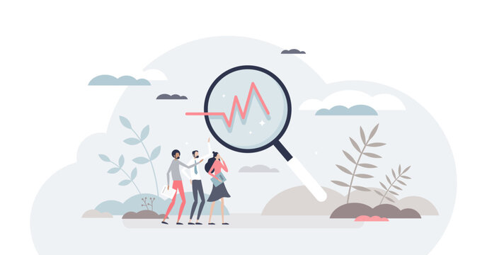 Analysis and data research as monitoring result graphic tiny person concept, transparent background. Financial and economical stock profit measurement process with analytic look illustration.