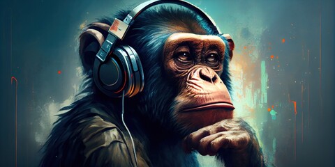Chimpanzee listening to music with headphones. Vibing, music, headphones, relaxed. Generative AI - obrazy, fototapety, plakaty