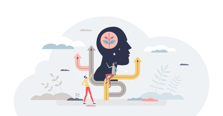 Growth mindset as mental development and skill progress tiny person concept, transparent background. Intelligence and smart thinking for positive leadership illustration.