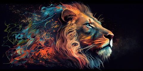 Watercolor lion head. Abstract lion, colorful. Lion's head on a black background, colorful mane. Generative AI