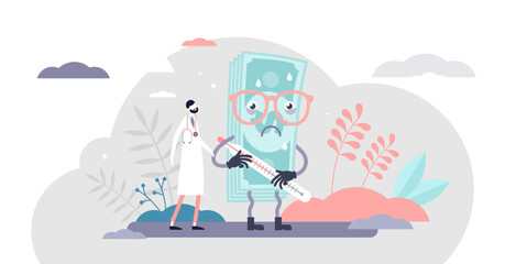 Health care crash concept, flat tiny person illustration, transparent background. Medical system crisis recession. Weakened public health and lack of resources.