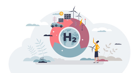 Hydrogen energy solution or H2 electricity as renewable power tiny person concept, transparent background.Reuse ecological and nature friendly sources illustration.