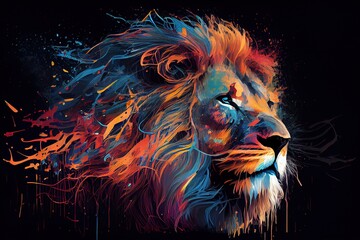 Watercolor lion head. Abstract lion, colorful. Lion's head on a black background, colorful mane. Generative AI