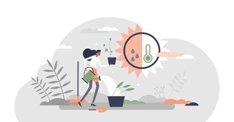 House plants and flower pot gardening, growth and care tiny person concept, transparent background.Green decorations agriculture in garden illustration.