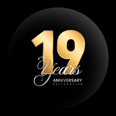 19th Anniversary logo. Golden number with silver color text. Logo Vector Template Illustration