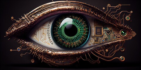Eye of artificial intelligence, eye of a robot. Tracking camera in the form of an eye. Futuristic future concept. Generative AI