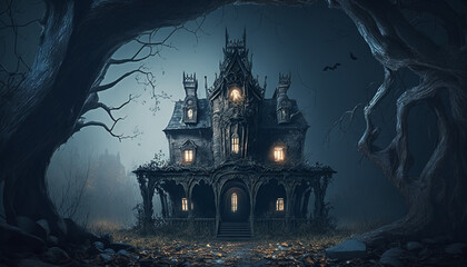 Spooky haunted mansion in the black leafless forest - obrazy, fototapety, plakaty