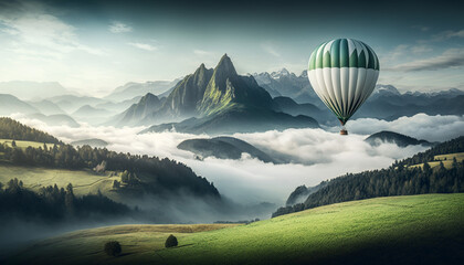 Big balloon over green grass, mountains, thick white morning fog