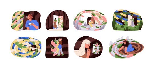 Open door to unknown future, stepping into new life experience, overcoming fear, exploring, looking for opportunity. Psychology, mental concept. Flat vector illustrations isolated on white background